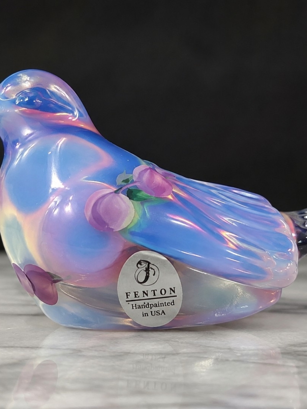 Fenton Iridescent Blue and Purple Handpainted Glass Bird